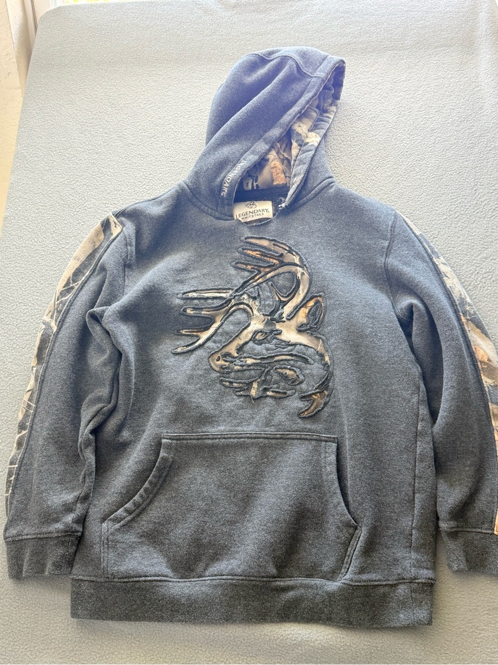 Legendary Whitetails Men’s Gray Hoodie with Camo-Accent